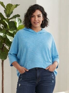 Lucy XL Light Blue Hooded Sweatshirt 3/4 Sleeve Batwing Cotton Blend Athleisure